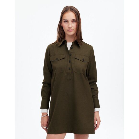 NWT Madewell Women's Button-Up Mini Shirtdress in Dark Olive Melange Size Small - Picture 2 of 15
